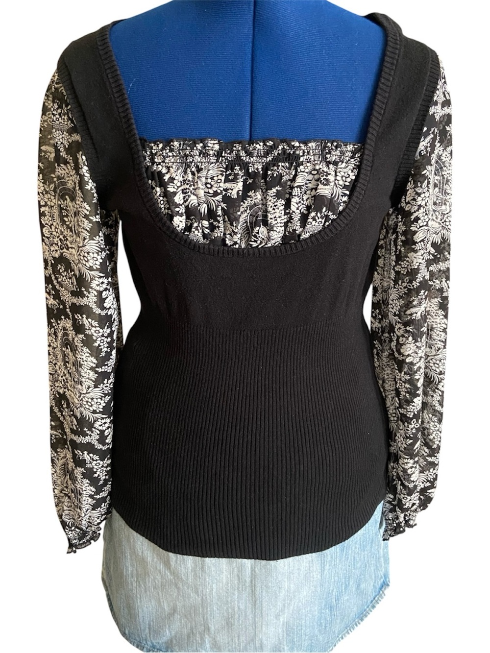 Max Studio Romantic Layered Look Black Sweater with Sheer Sleeves Y2K